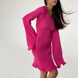 Backless Slim Comfortable High Waist Lace Wool Knit Skirt Trumpet Sleeve Wooden Ear Edge Dress Women