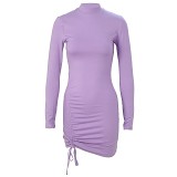 Turtleneck Purple Long Sleeve Ruched Tie Dress