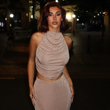 Sexy Slim Fit Pleated Open Back Top Half Skirt Set