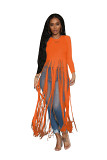 Solid Color Long-Sleeved European And American Sexy Fringed Top