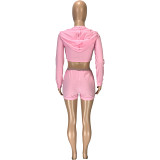 Solid Color Hooded Zipper V-Neck Slim Cardigan Top Shorts Two-Piece Suit
