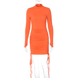 Women'S Solid Color Slim Side Drawstring Long Sleeve Dress
