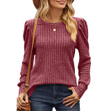 2023 Autumn solid color pit strip frosted round neck bubble shoulder long sleeve T-shirt