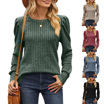 2023 Autumn solid color pit strip frosted round neck bubble shoulder long sleeve T-shirt