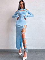 Sexy Leggings Slit Solid Color Long-Sleeved Hollow Dress