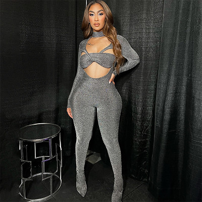 Women'S Cross-Wrapped Long-Sleeved Trousers Tight Sexy Jumpsuit