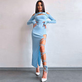 Sexy Leggings Slit Solid Color Long-Sleeved Hollow Dress
