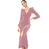 Knitted V-neck solid color padded shoulder long sleeve split evening gown dress