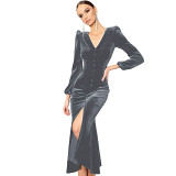 Knitted V-neck solid color padded shoulder long sleeve split evening gown dress