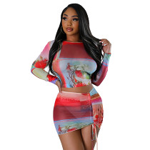 Mesh positioning printed crop top pleated sexy mini skirt set