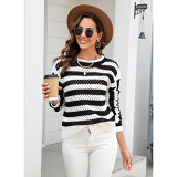 Women's hollowed-out striped round neck long sleeve knitted large size pullover sweater wholesale