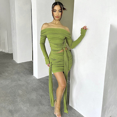 Sexy One-Line Collar, Irregular Strappy Butt-Covering Short Skirt Casual Suit