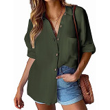 Solid color casual long-sleeved cotton linen pocket blouse