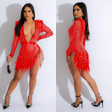 Solid color mesh press drill long sleeve skirt party club dress