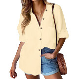 Solid color casual long-sleeved cotton linen pocket blouse