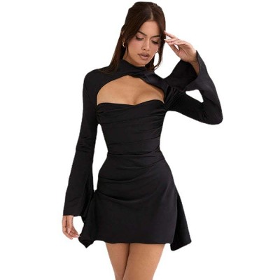 Cut out sexy long sleeve solid mini women dress