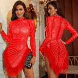 Solid Color Mesh Hot Diamond Feather Skirt Dress