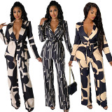 Printed suit collar Fashion career two piece set
