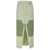 Washed Contrast Irregular Denim Skirt, Raw Brimmed Pockets, Split Split Maxi Skirt