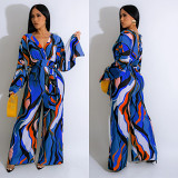 Stylish Casual Print Lace-Up Long-Sleeved Wide-Leg Jumpsuit
