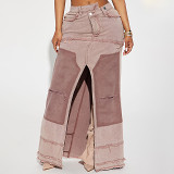 Washed Contrast Irregular Denim Skirt, Raw Brimmed Pockets, Split Split Maxi Skirt