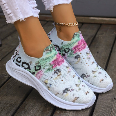 Autumn round head knitted stretch sneakers Women's plus size fashion print Running shoes