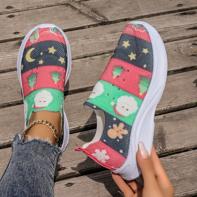Elastic printing Christmas Sneakers Women's plus size casual soft soled running shoes