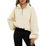 Short fleece thickened half-zip drawstring blouse for women