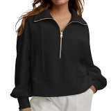 Solid color pit strip ribbed casual half zip short pullover sweatshirt for women