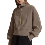 Solid color pit strip ribbed casual half zip short pullover sweatshirt for women