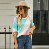 Striped patchwork stylish crew neck sweater for women