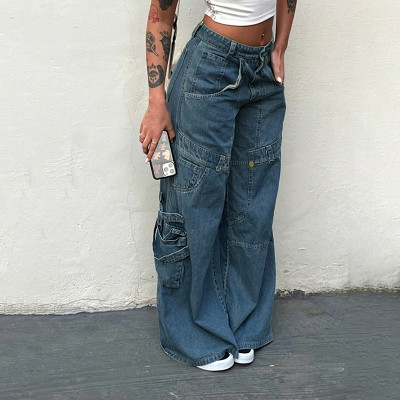 Cargo Jeans Pocket Stitching Spice Girls Low Waist Loose Wide Leg Pants Trousers