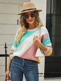 Striped patchwork stylish crew neck sweater for women