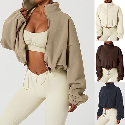 Short polar fleece thick warm zipper drawstring jacket
