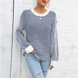 Color matching crew neck pullover striped sweater