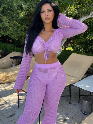Solid Color Trumpet Sleeve Knitted Sweater And Trousers Two-Piece Set