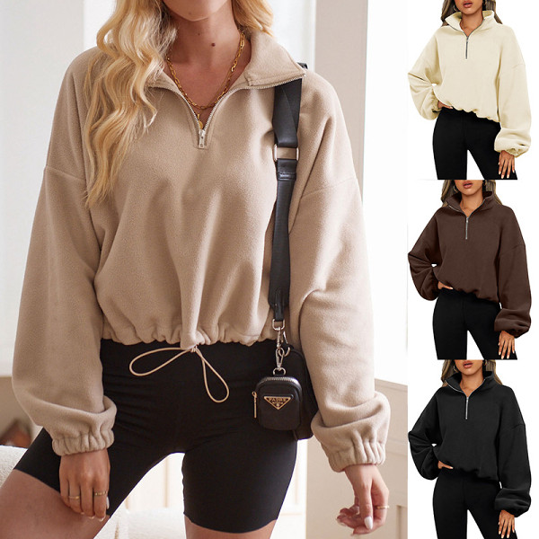 Short fleece thickened half-zip drawstring blouse for women