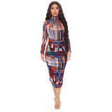 See-Through Mesh Strap Printed Sexy Dress Two-Piece Set