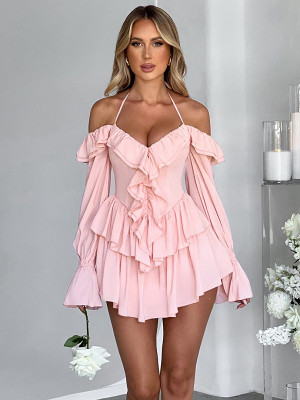 Sexy Halterneck Low-Cut Ruffled Long-Sleeved Jumpsuit