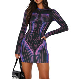 Fashionable Printed Line Slim Fit Round Neck Long Sleeve Dress