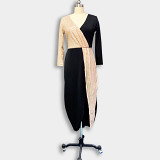 Two-Color Black And Gold Ethnic Style High-Waist Solid Color Temperament Commuting Mid-Length Skirt Long-Sleeved Waist Dress