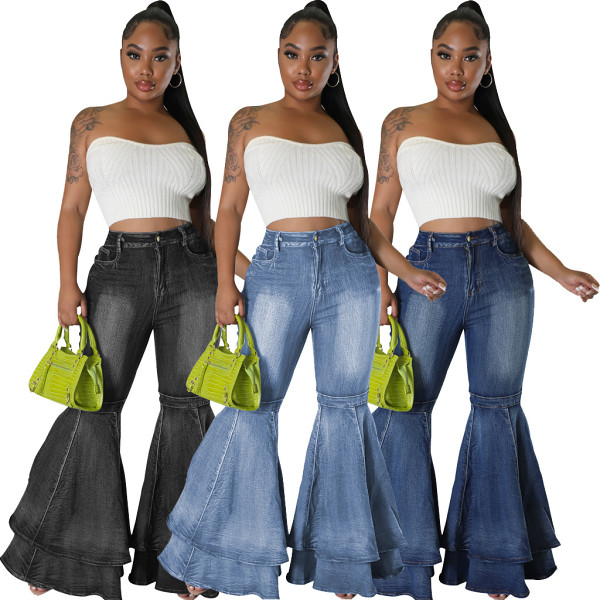 Fashionable And Versatile Washed Denim Stretch Flared Pants