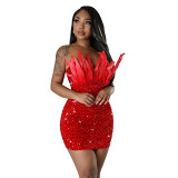 Feather Sequin Pop Pearl Sexy Nightclub Style Wrap Chest Tight Hip Skirt