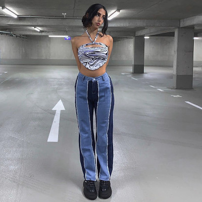Stylish Paneled Slim Fit Jeans High Waisted Casual Straight Trousers Women