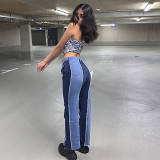 Stylish Paneled Slim Fit Jeans High Waisted Casual Straight Trousers Women