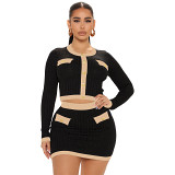 Threaded Round Neck Contrast Color Long Sleeve Short Skirt Small Fragrance Style Suit