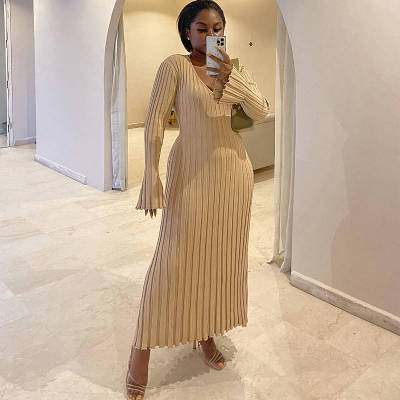 Casual Waist V-Neck Large Pit Strip Slimming Knitted Long Skirt