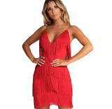 Sexy Outfit, Fringed Panels, Open-Back Deep V-Neck Dress