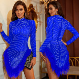 Fashion Women'S Solid Color Mesh Rhinestone Feather Dress