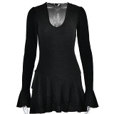 Deep V-Neck Dress For Women, Fashionable Bell Sleeves, Tight And Sexy Hip-Hugging Short Skirt